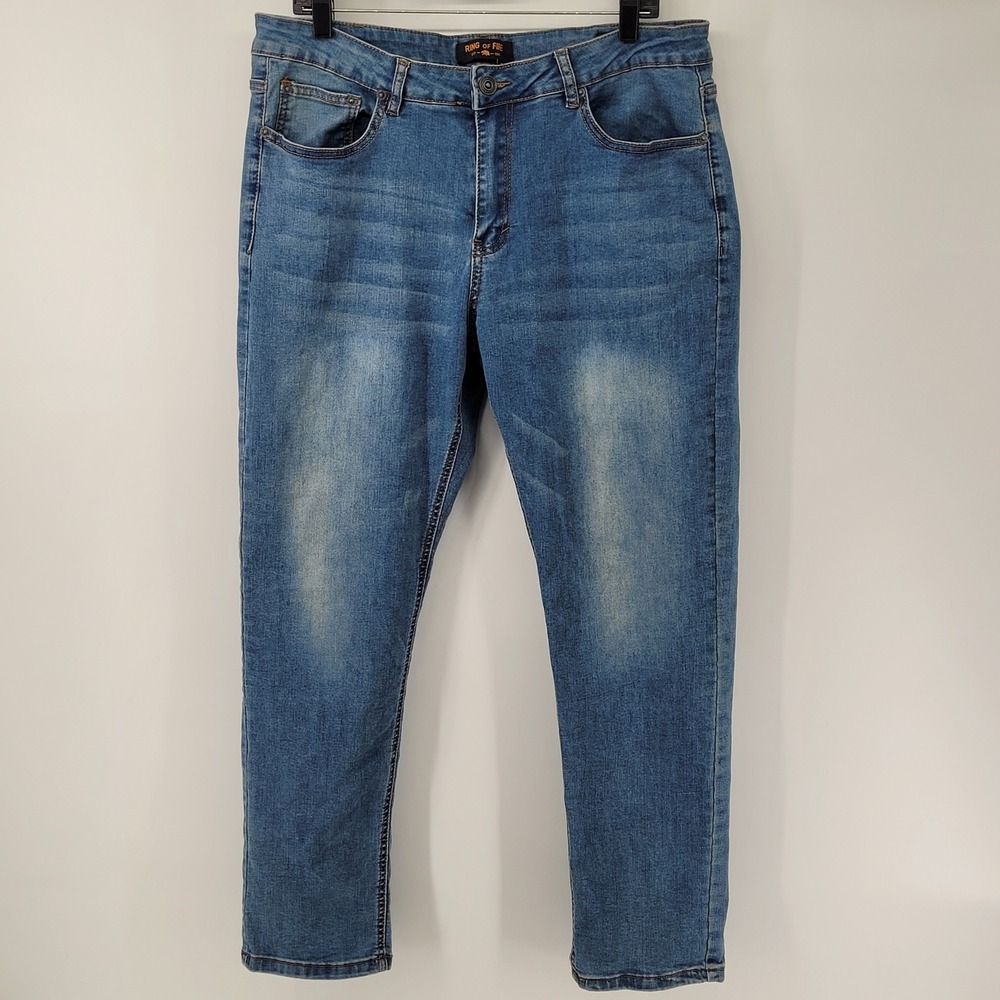 Ring of Fire Slim Jeans Mens 36x30 Blue Medium Wash Distressed‎ Denim